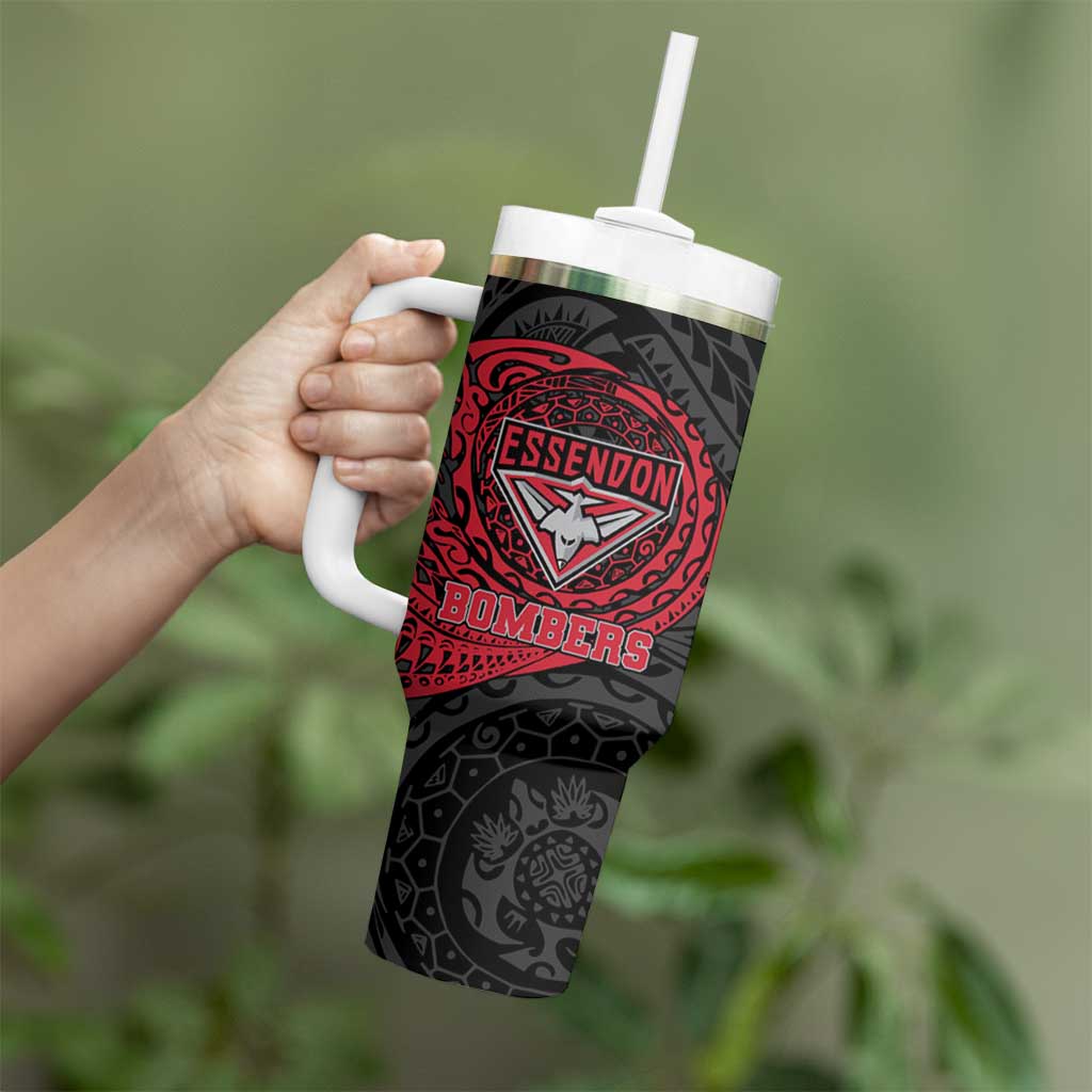 Personalized Essendon Bombers Polynesian Tumbler With Handle Tribal Chest and Sleeve Tattoo Heritage Warrior