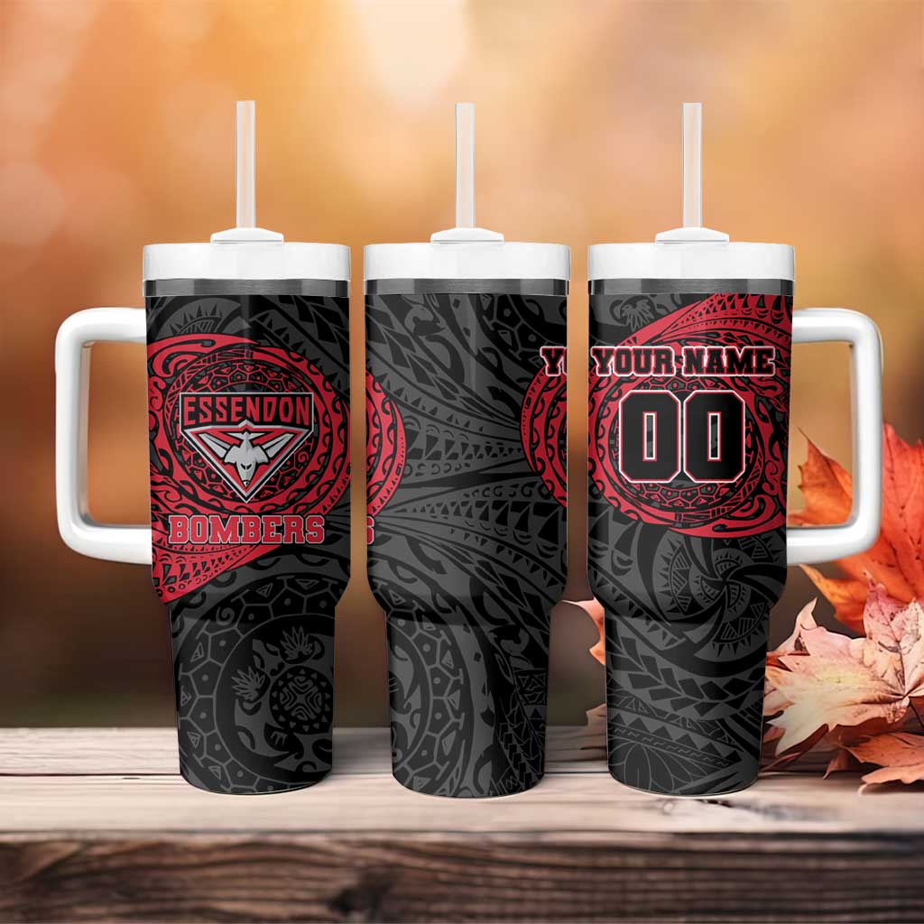 Personalized Essendon Bombers Polynesian Tumbler With Handle Tribal Chest and Sleeve Tattoo Heritage Warrior