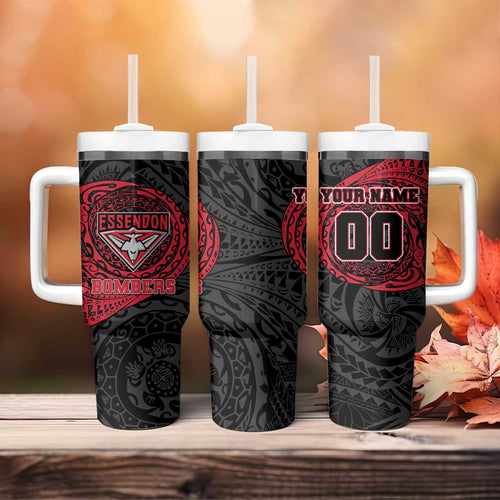 Personalized Essendon Bombers Polynesian Tumbler With Handle Tribal Chest and Sleeve Tattoo Heritage Warrior