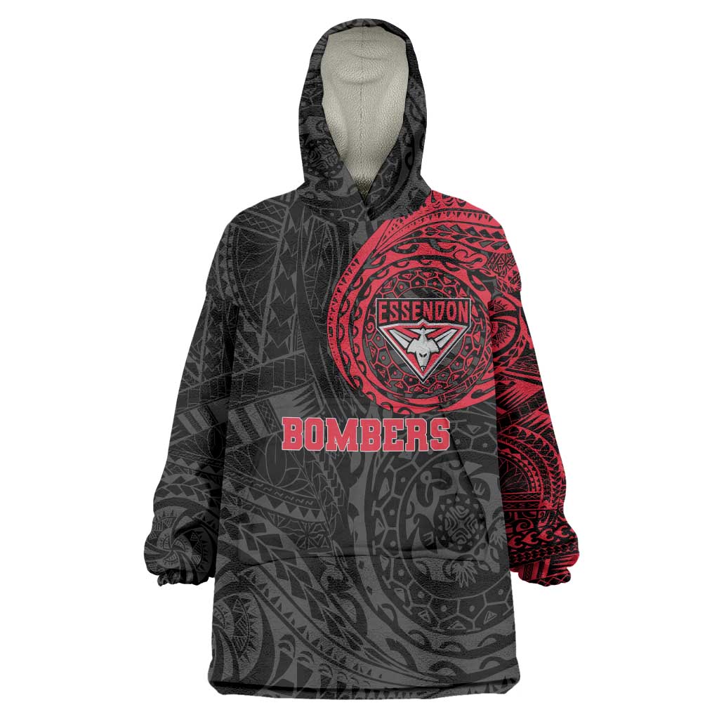 Personalized Essendon Bombers Polynesian Wearable Blanket Hoodie Tribal Chest and Sleeve Tattoo Heritage Warrior