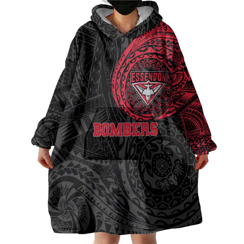 Personalized Essendon Bombers Polynesian Wearable Blanket Hoodie Tribal Chest and Sleeve Tattoo Heritage Warrior