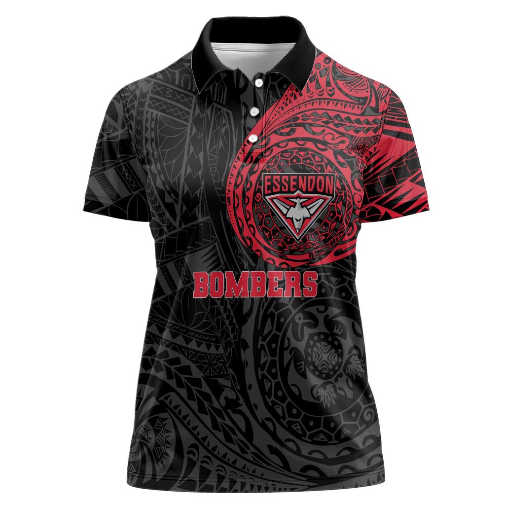 Personalized Essendon Bombers Polynesian Women Polo Shirt Tribal Chest and Sleeve Tattoo Heritage Warrior
