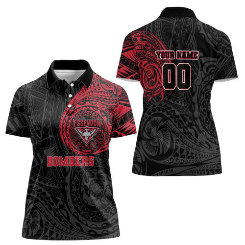 Personalized Essendon Bombers Polynesian Women Polo Shirt Tribal Chest and Sleeve Tattoo Heritage Warrior