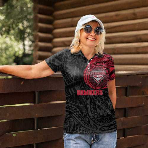 Personalized Essendon Bombers Polynesian Women Polo Shirt Tribal Chest and Sleeve Tattoo Heritage Warrior