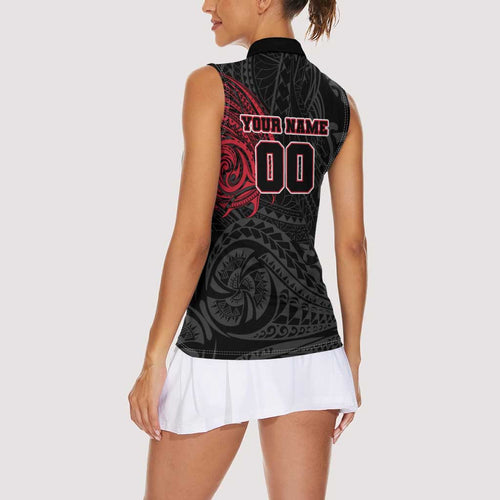 Personalized Essendon Bombers Polynesian Women Sleeveless Polo Shirt Tribal Chest and Sleeve Tattoo Heritage Warrior