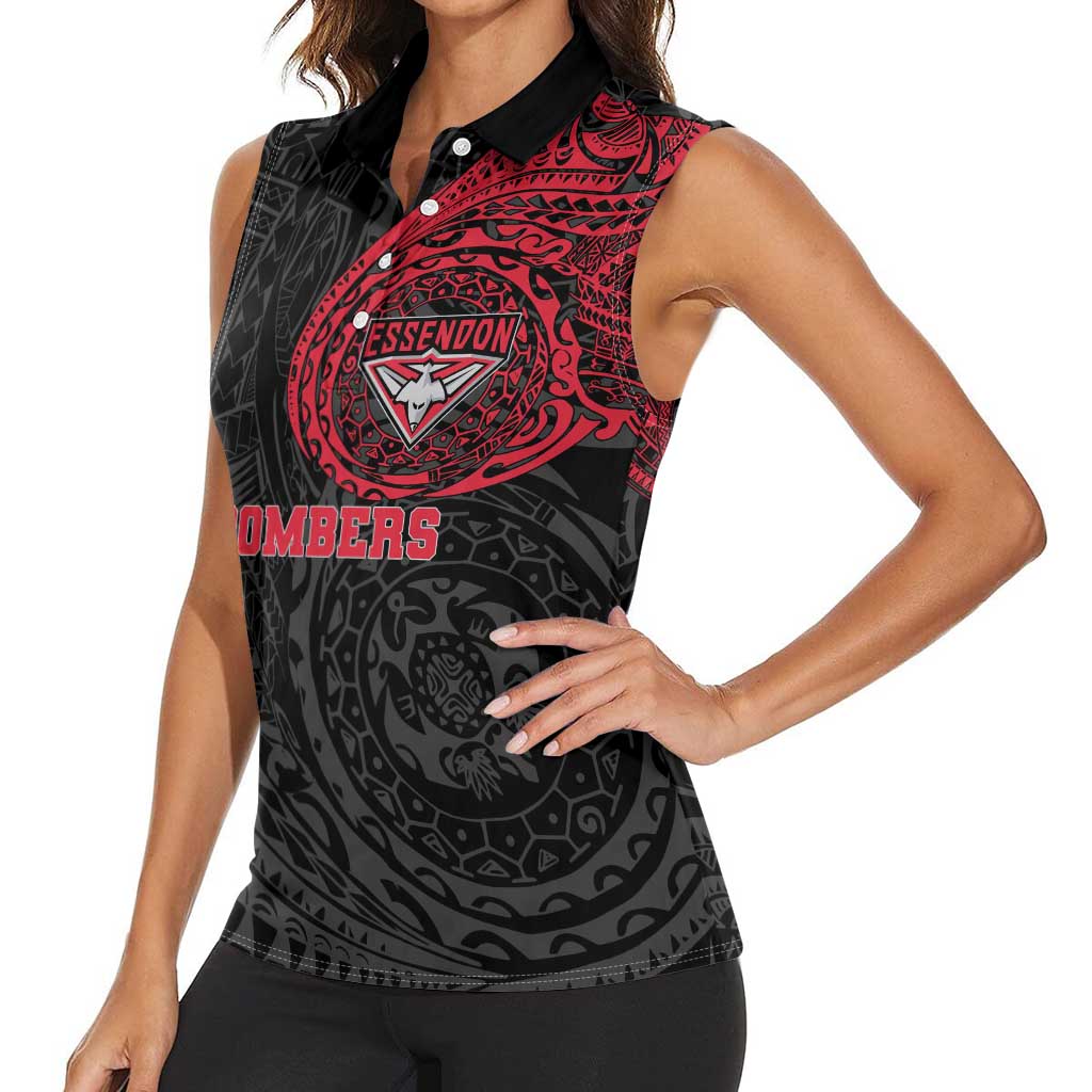 Personalized Essendon Bombers Polynesian Women Sleeveless Polo Shirt Tribal Chest and Sleeve Tattoo Heritage Warrior