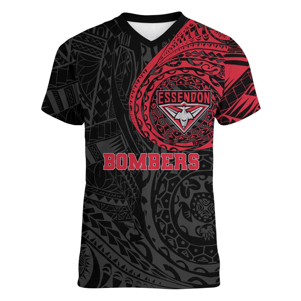 Personalized Essendon Bombers Polynesian Women V-Neck T-Shirt Tribal Chest and Sleeve Tattoo Heritage Warrior