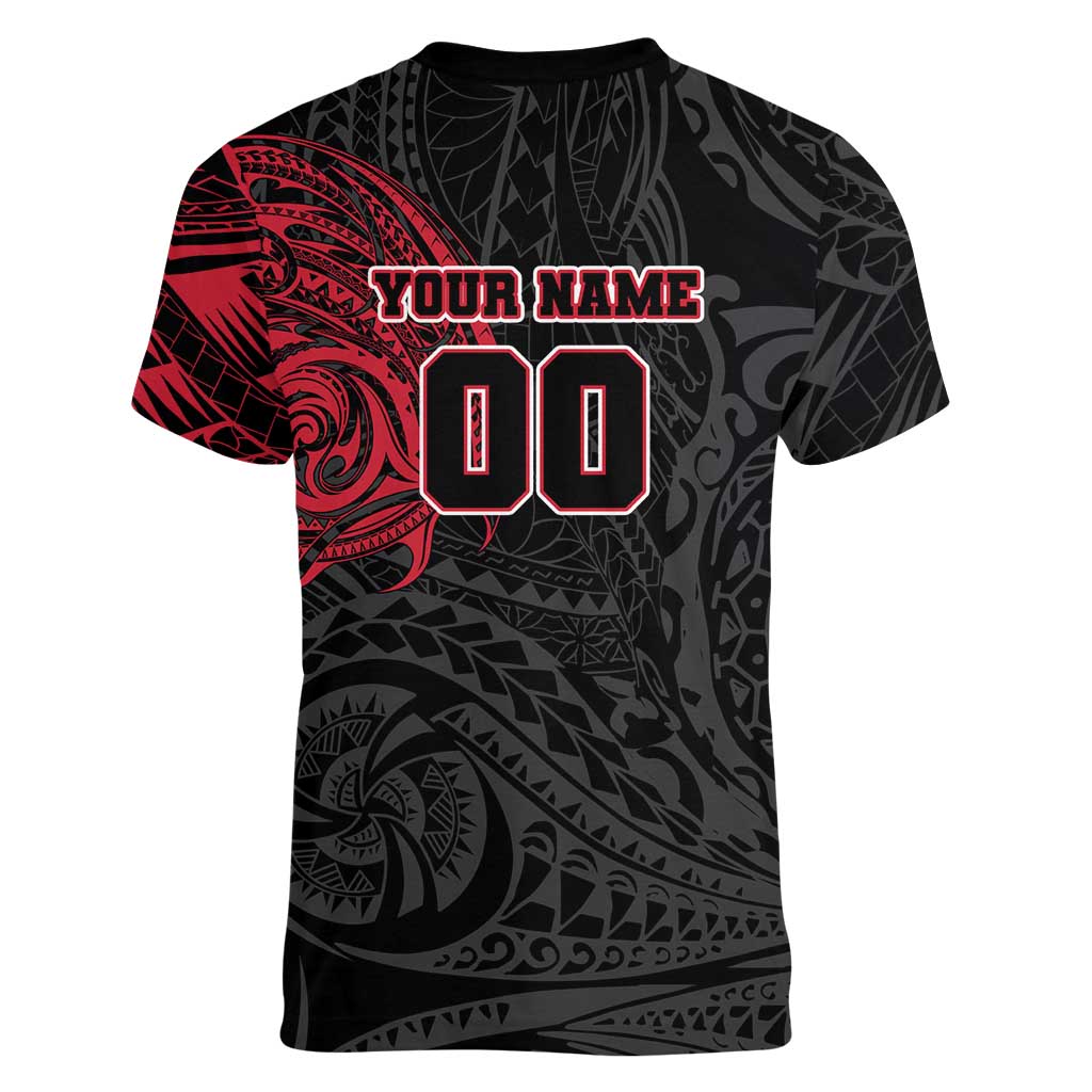 Personalized Essendon Bombers Polynesian Women V-Neck T-Shirt Tribal Chest and Sleeve Tattoo Heritage Warrior