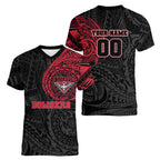 Personalized Essendon Bombers Polynesian Women V-Neck T-Shirt Tribal Chest and Sleeve Tattoo Heritage Warrior