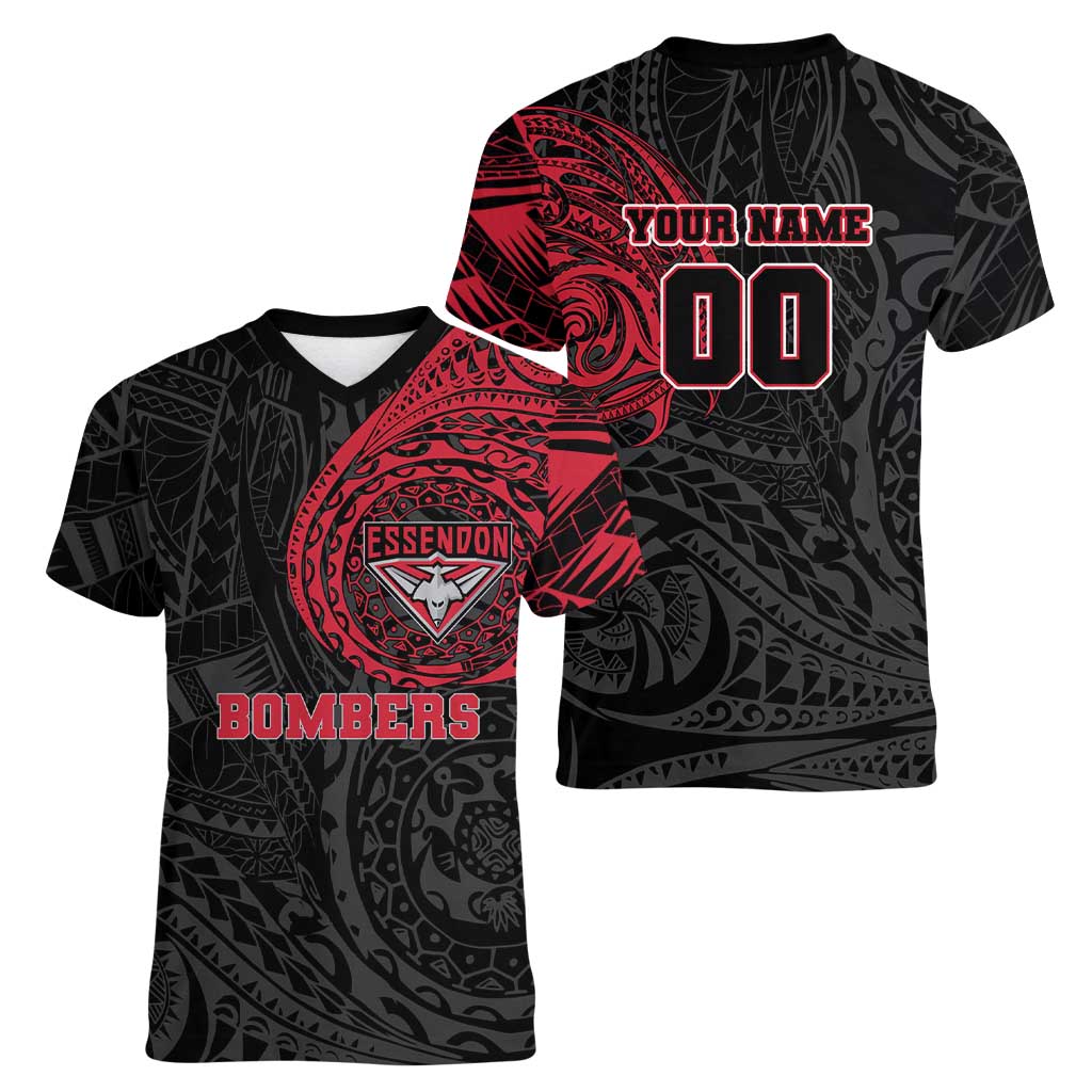 Personalized Essendon Bombers Polynesian Women V-Neck T-Shirt Tribal Chest and Sleeve Tattoo Heritage Warrior
