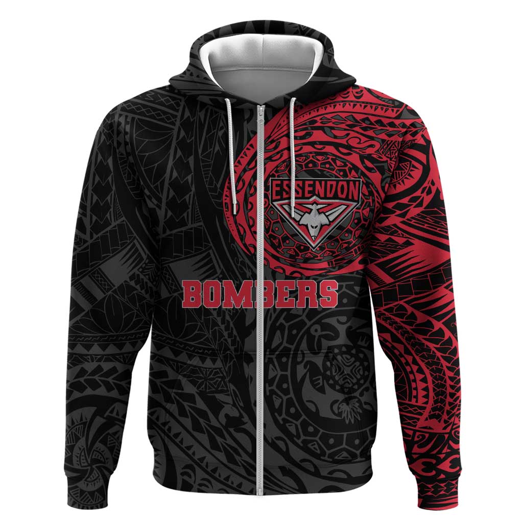 Personalized Essendon Bombers Polynesian Zip Hoodie Tribal Chest and Sleeve Tattoo Heritage Warrior