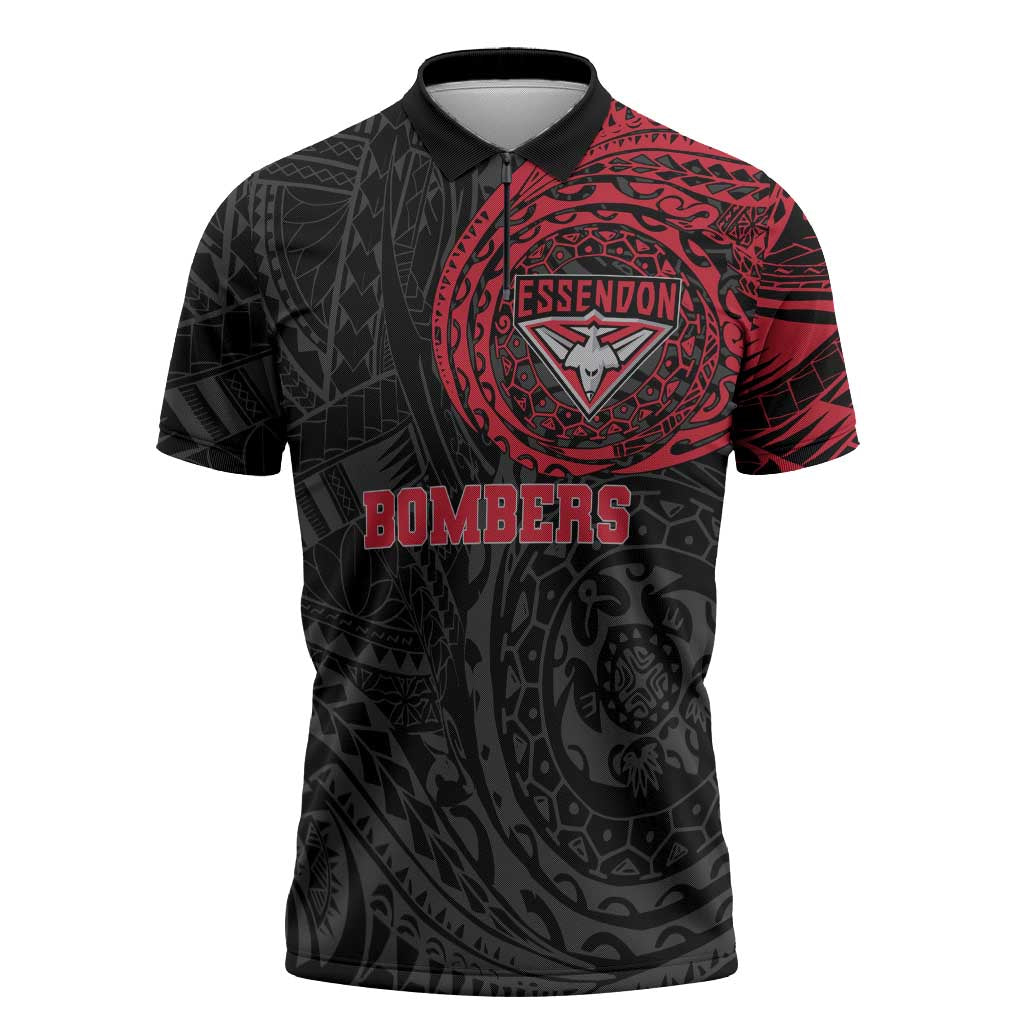 Personalized Essendon Bombers Polynesian Zipper Polo Shirt Tribal Chest and Sleeve Tattoo Heritage Warrior