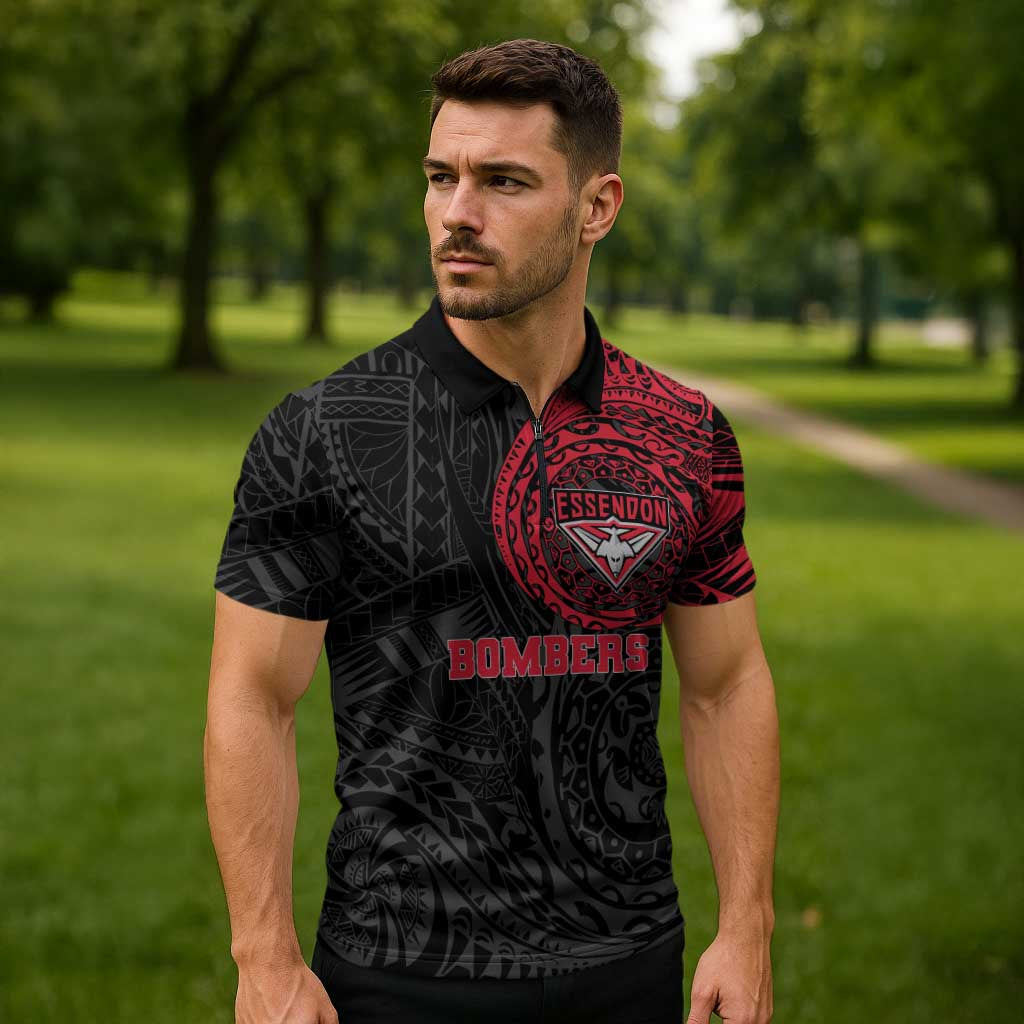 Personalized Essendon Bombers Polynesian Zipper Polo Shirt Tribal Chest and Sleeve Tattoo Heritage Warrior