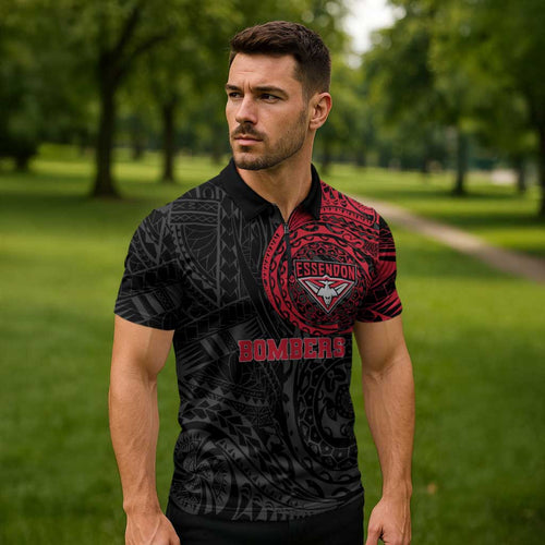 Personalized Essendon Bombers Polynesian Zipper Polo Shirt Tribal Chest and Sleeve Tattoo Heritage Warrior