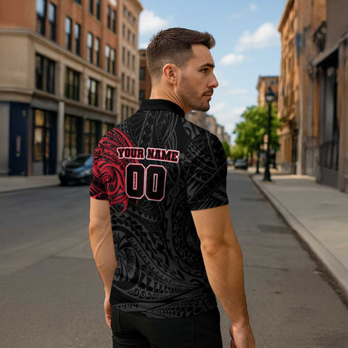 Personalized Essendon Bombers Polynesian Zipper Polo Shirt Tribal Chest and Sleeve Tattoo Heritage Warrior