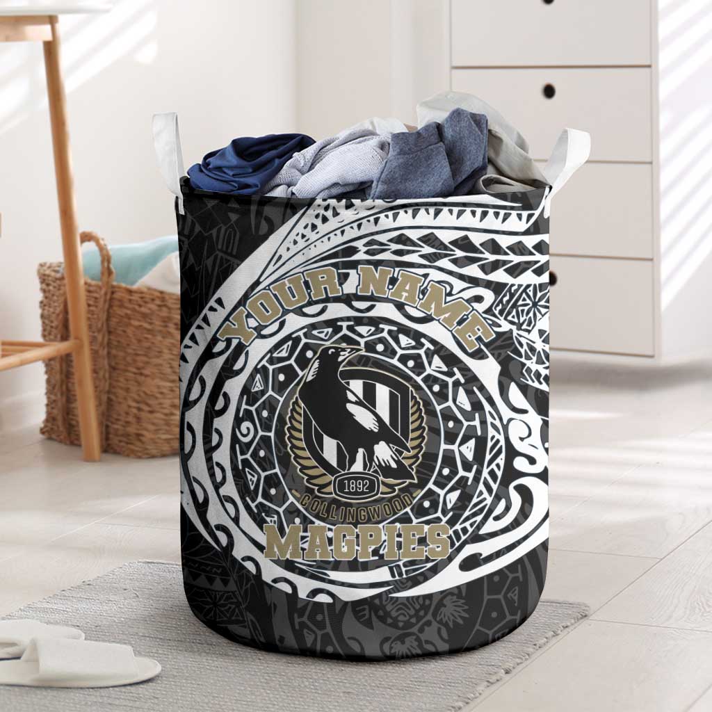 Personalized Collingwood Magpies Polynesian Laundry Basket Tribal Chest and Sleeve Tattoo Heritage Warrior