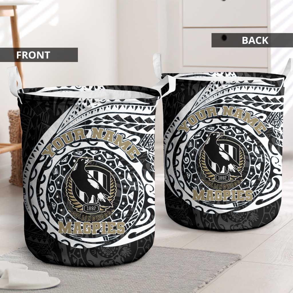 Personalized Collingwood Magpies Polynesian Laundry Basket Tribal Chest and Sleeve Tattoo Heritage Warrior