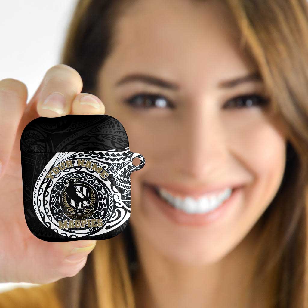 Personalized Collingwood Magpies Polynesian AirPods Case Tribal Chest and Sleeve Tattoo Heritage Warrior
