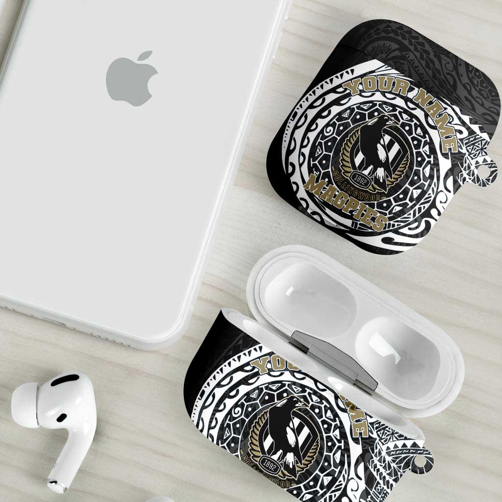 Personalized Collingwood Magpies Polynesian AirPods Case Tribal Chest and Sleeve Tattoo Heritage Warrior