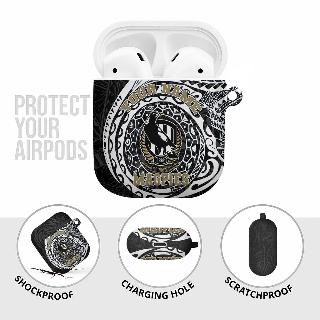 Personalized Collingwood Magpies Polynesian AirPods Case Tribal Chest and Sleeve Tattoo Heritage Warrior