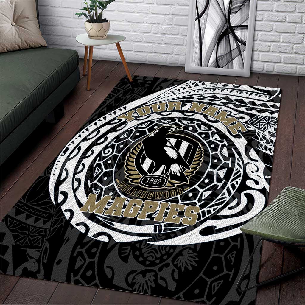 Personalized Collingwood Magpies Polynesian Area Rug Tribal Chest and Sleeve Tattoo Heritage Warrior