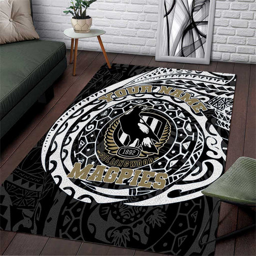Personalized Collingwood Magpies Polynesian Area Rug Tribal Chest and Sleeve Tattoo Heritage Warrior