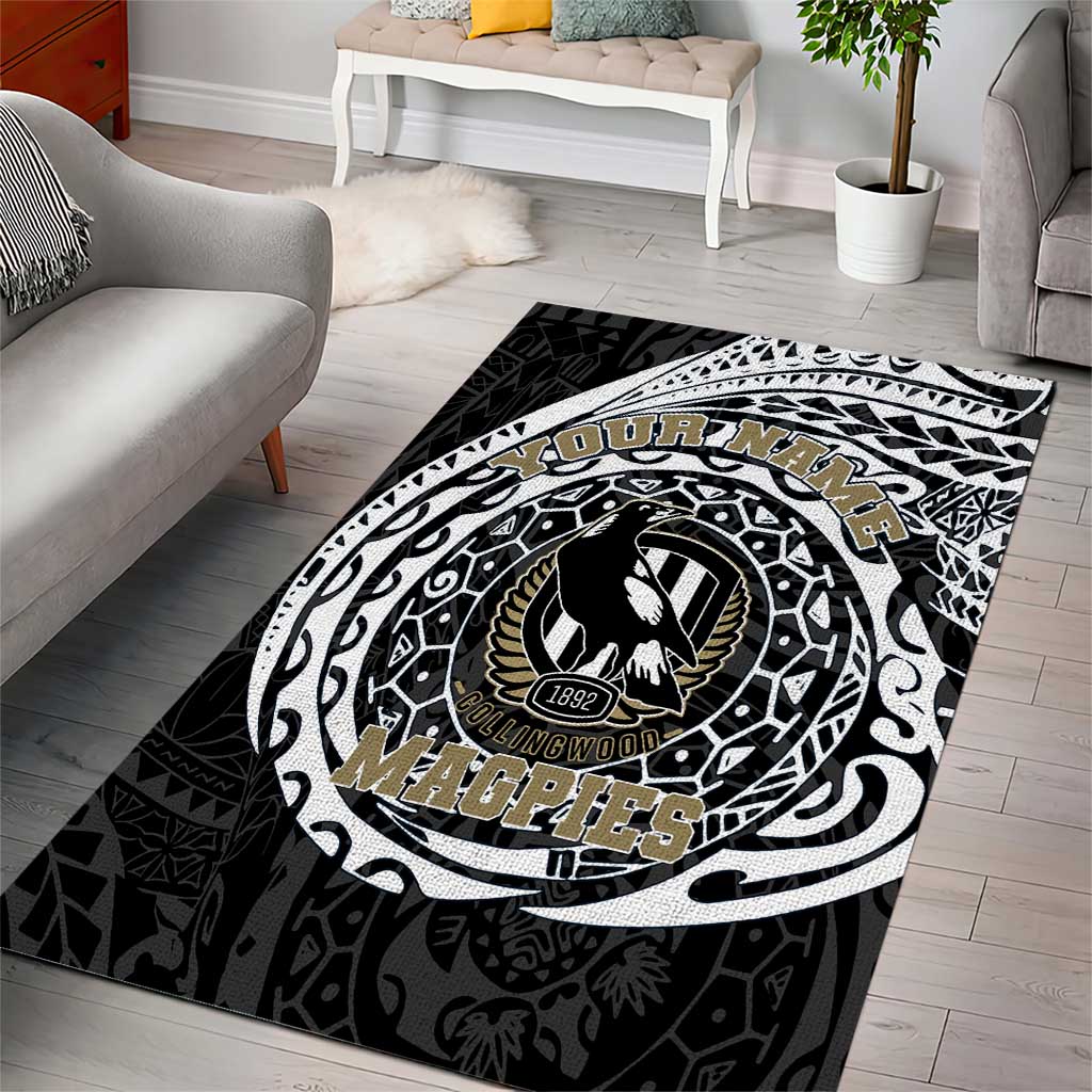 Personalized Collingwood Magpies Polynesian Area Rug Tribal Chest and Sleeve Tattoo Heritage Warrior