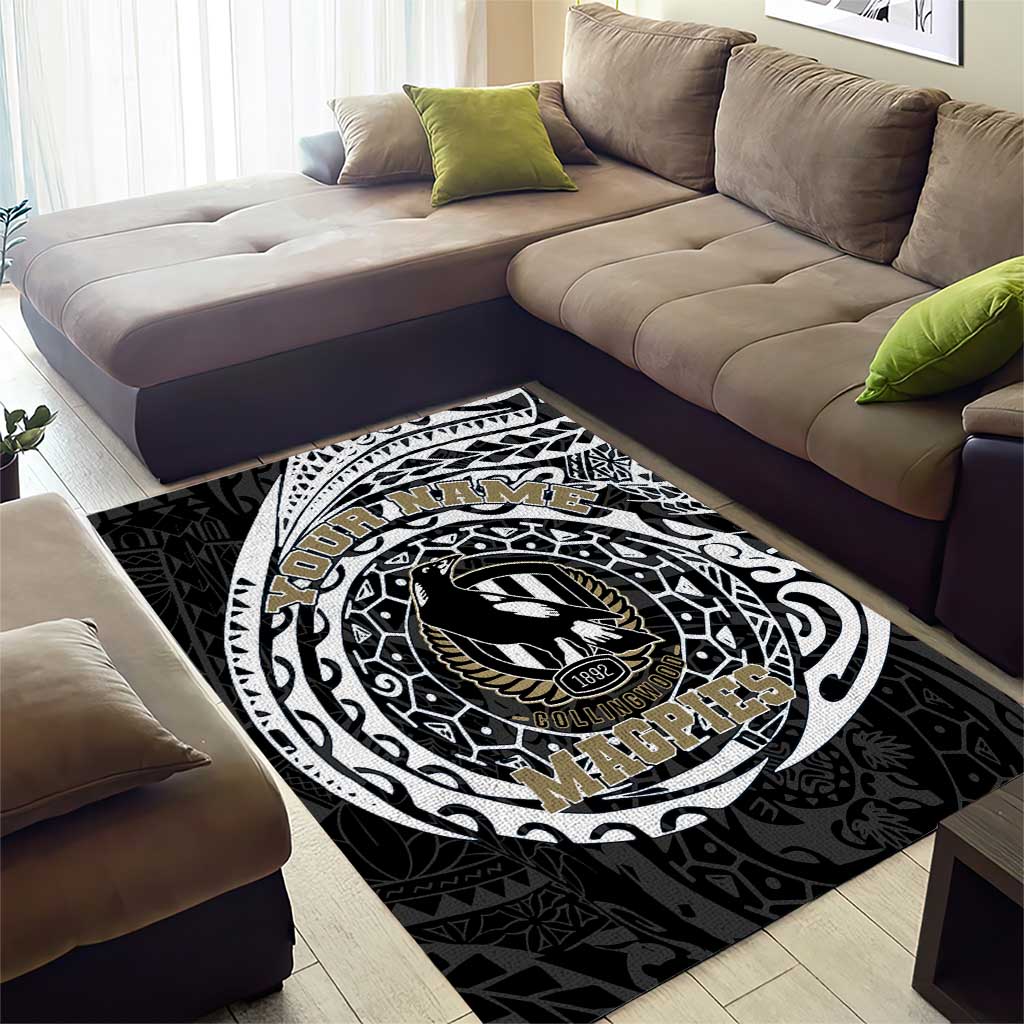 Personalized Collingwood Magpies Polynesian Area Rug Tribal Chest and Sleeve Tattoo Heritage Warrior
