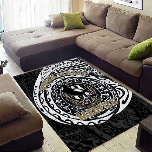 Personalized Collingwood Magpies Polynesian Area Rug Tribal Chest and Sleeve Tattoo Heritage Warrior