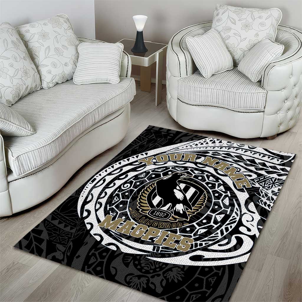 Personalized Collingwood Magpies Polynesian Area Rug Tribal Chest and Sleeve Tattoo Heritage Warrior
