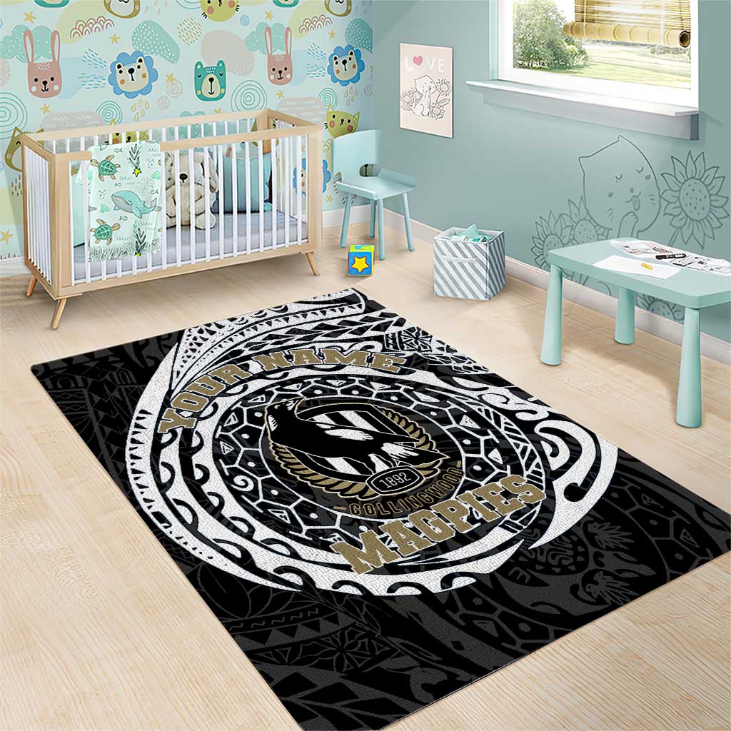 Personalized Collingwood Magpies Polynesian Area Rug Tribal Chest and Sleeve Tattoo Heritage Warrior