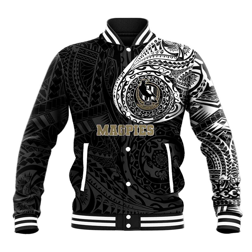 Personalized Collingwood Magpies Polynesian Baseball Jacket Tribal Chest and Sleeve Tattoo Heritage Warrior