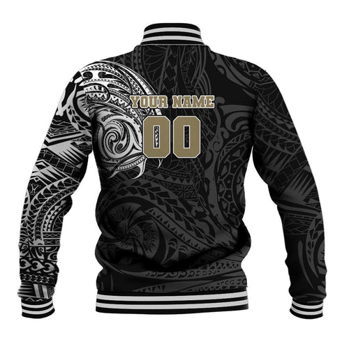 Personalized Collingwood Magpies Polynesian Baseball Jacket Tribal Chest and Sleeve Tattoo Heritage Warrior