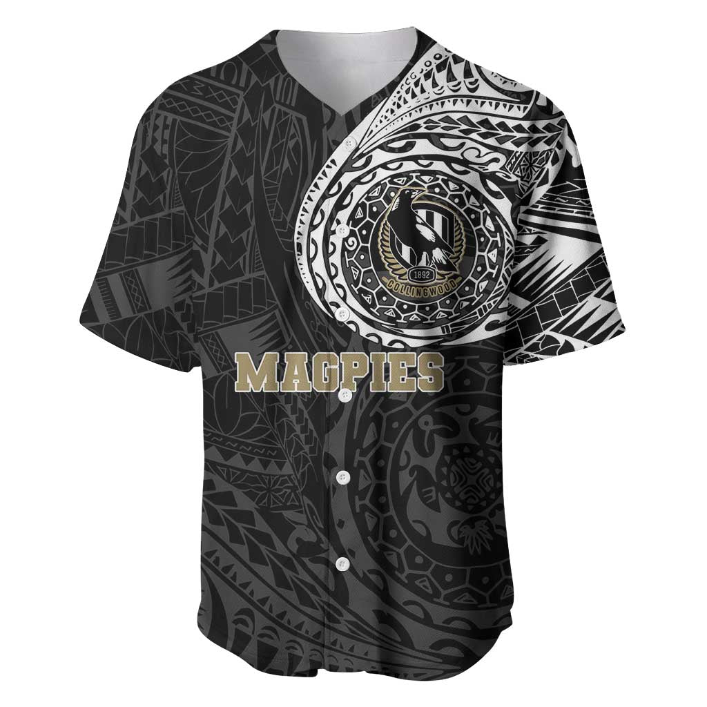 Personalized Collingwood Magpies Polynesian Baseball Jersey Tribal Chest and Sleeve Tattoo Heritage Warrior