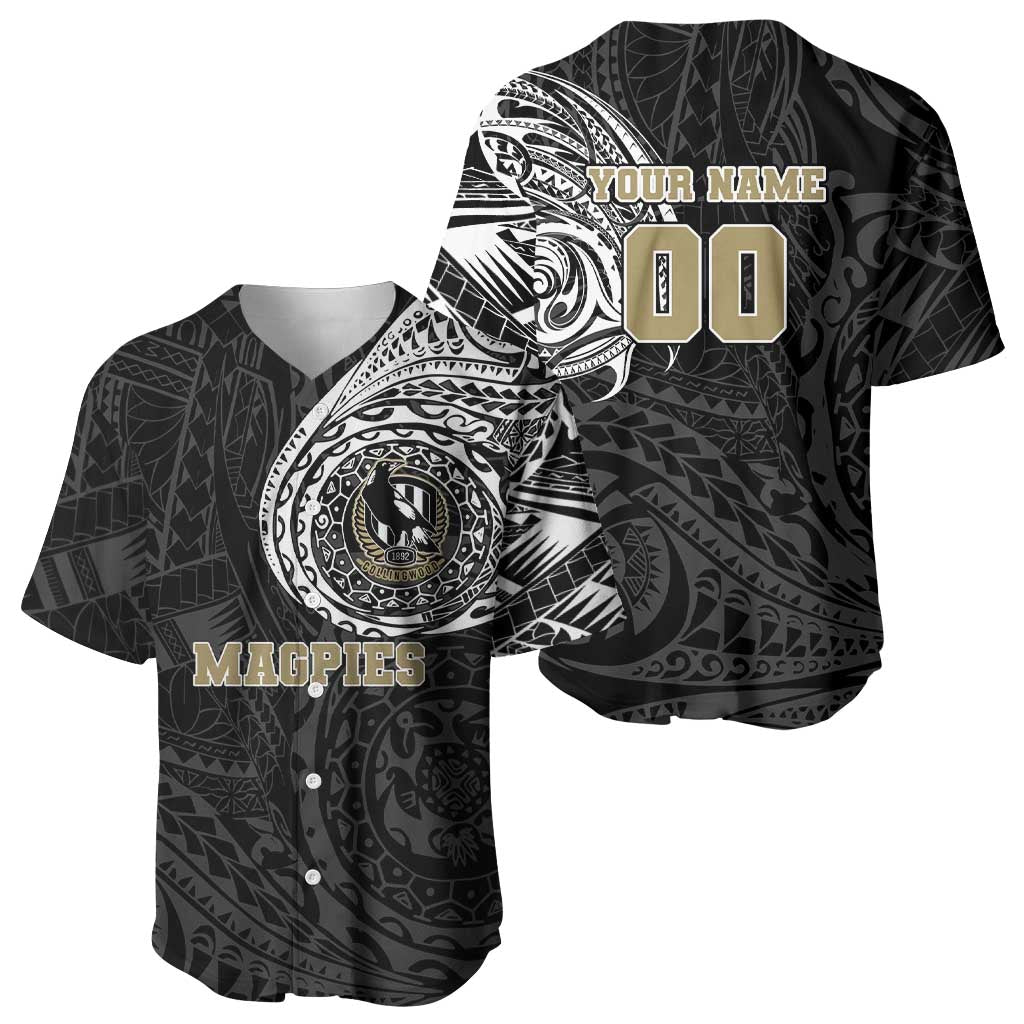 Personalized Collingwood Magpies Polynesian Baseball Jersey Tribal Chest and Sleeve Tattoo Heritage Warrior
