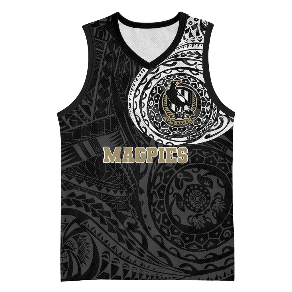 Personalized Collingwood Magpies Polynesian Basketball Jersey Tribal Chest and Sleeve Tattoo Heritage Warrior