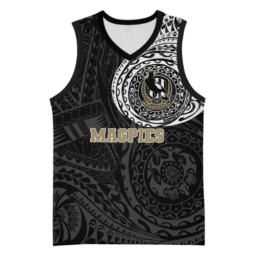 Personalized Collingwood Magpies Polynesian Basketball Jersey Tribal Chest and Sleeve Tattoo Heritage Warrior