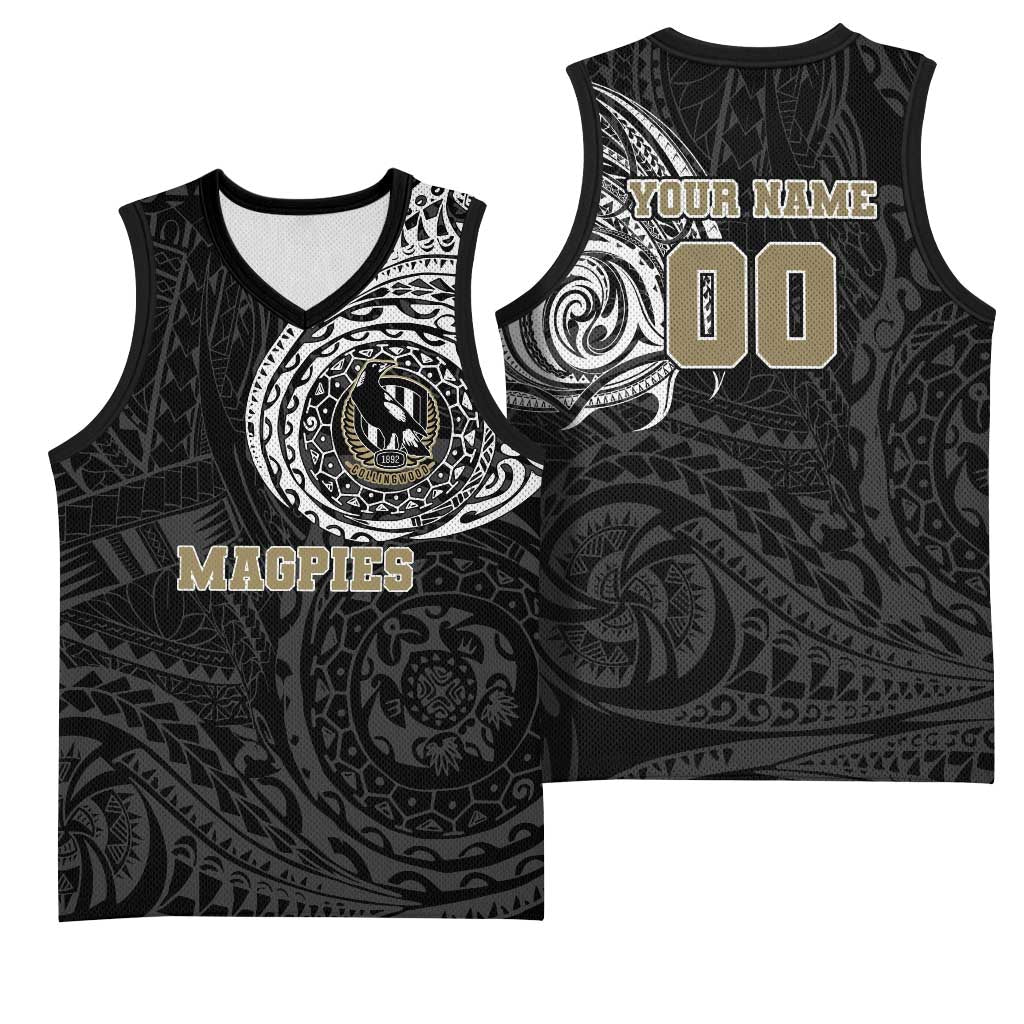 Personalized Collingwood Magpies Polynesian Basketball Jersey Tribal Chest and Sleeve Tattoo Heritage Warrior