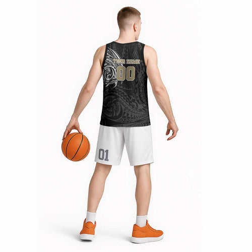 Personalized Collingwood Magpies Polynesian Basketball Jersey Tribal Chest and Sleeve Tattoo Heritage Warrior