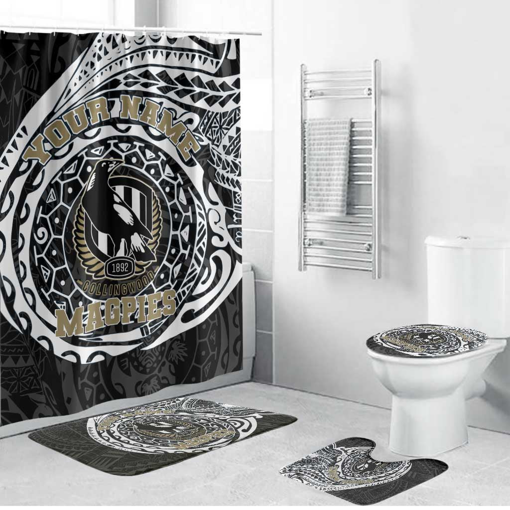 Personalized Collingwood Magpies Polynesian Bathroom Set Tribal Chest and Sleeve Tattoo Heritage Warrior
