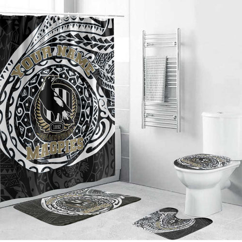 Personalized Collingwood Magpies Polynesian Bathroom Set Tribal Chest and Sleeve Tattoo Heritage Warrior