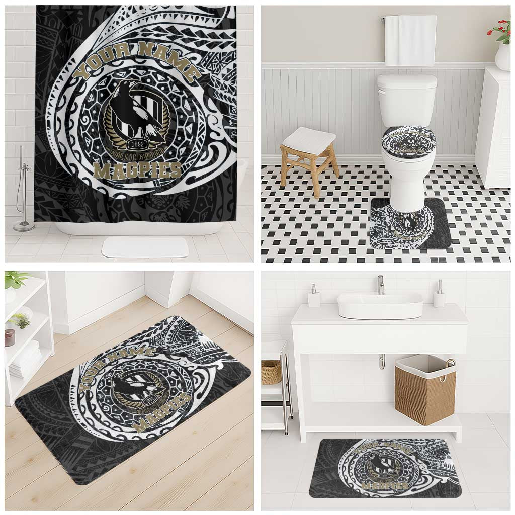 Personalized Collingwood Magpies Polynesian Bathroom Set Tribal Chest and Sleeve Tattoo Heritage Warrior