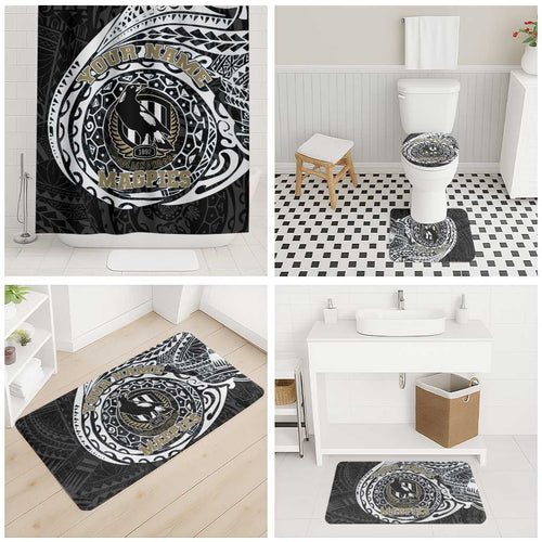 Personalized Collingwood Magpies Polynesian Bathroom Set Tribal Chest and Sleeve Tattoo Heritage Warrior