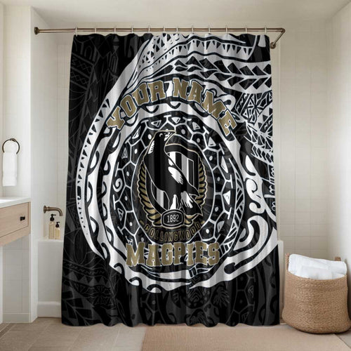Personalized Collingwood Magpies Polynesian Bathroom Set Tribal Chest and Sleeve Tattoo Heritage Warrior