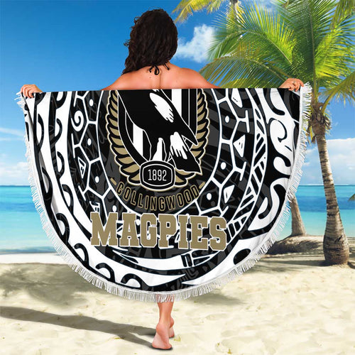 Personalized Collingwood Magpies Polynesian Beach Blanket Tribal Chest and Sleeve Tattoo Heritage Warrior