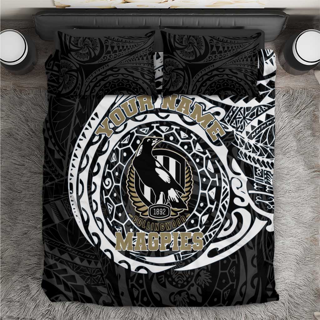 Personalized Collingwood Magpies Polynesian Bedding Set Tribal Chest and Sleeve Tattoo Heritage Warrior