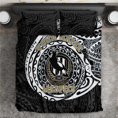 Personalized Collingwood Magpies Polynesian Bedding Set Tribal Chest and Sleeve Tattoo Heritage Warrior