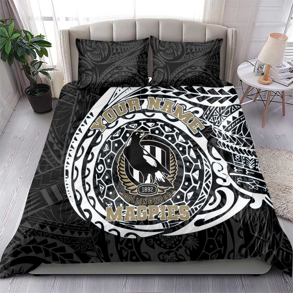 Personalized Collingwood Magpies Polynesian Bedding Set Tribal Chest and Sleeve Tattoo Heritage Warrior