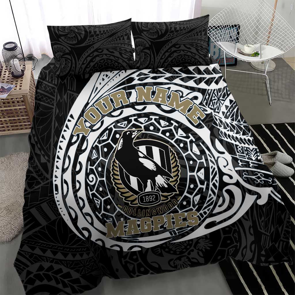 Personalized Collingwood Magpies Polynesian Bedding Set Tribal Chest and Sleeve Tattoo Heritage Warrior