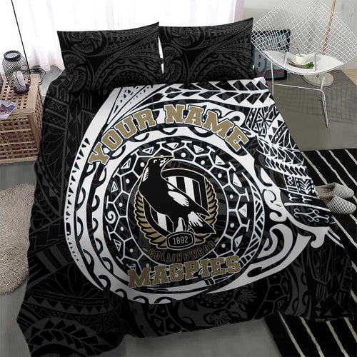 Personalized Collingwood Magpies Polynesian Bedding Set Tribal Chest and Sleeve Tattoo Heritage Warrior